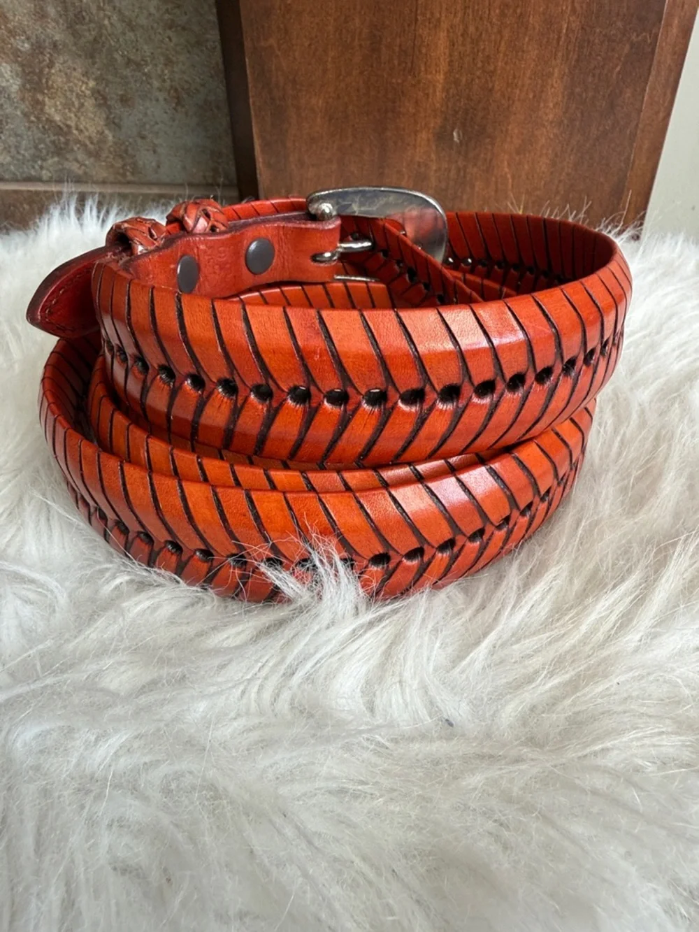 Burnt orange brown fishtail herringbone leather belt Mexican brass buckle 56